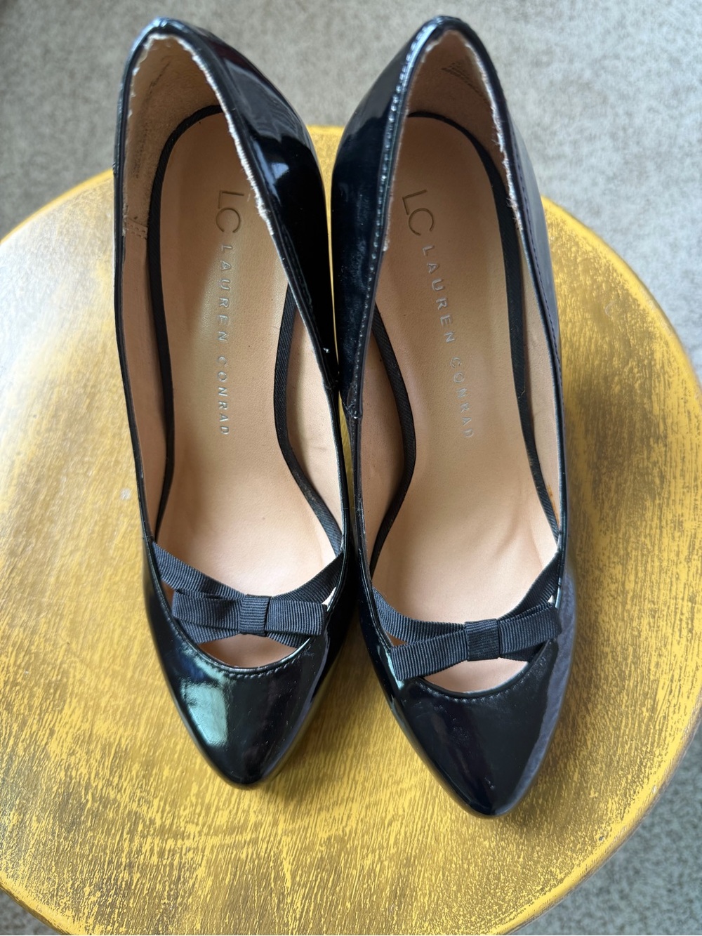 LC Lauren Conrad Black Patent Pointed Toe Heels with Bow Accent
